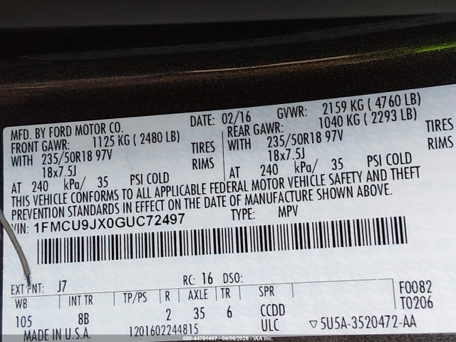 44791497 :رقم المزاد ، 1FMCU9JX0GUC72497 vin ، 2016 Ford Escape Titanium مزاد بيع