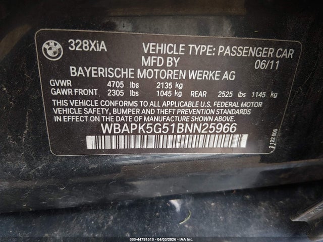 Продаж на аукціоні авто 2011 Bmw 328i Xdrive, vin: WBAPK5G51BNN25966, номер лоту: 44791510