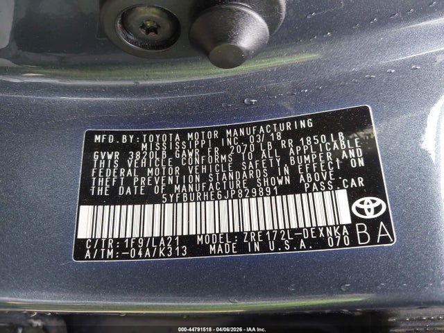 5YFBURHE6JP829891 Toyota Corolla Xle