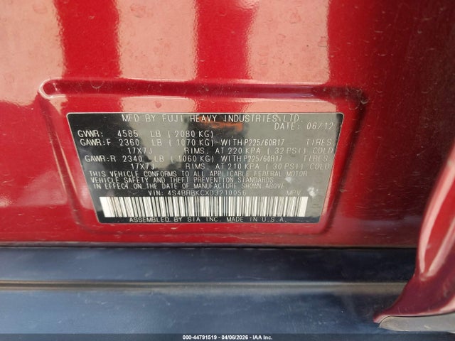 2013 Subaru Outback 2.5i Limited მანქანა იყიდება აუქციონზე, vin: 4S4BRBKCXD3210056, აუქციონის ნომერი: 44791519