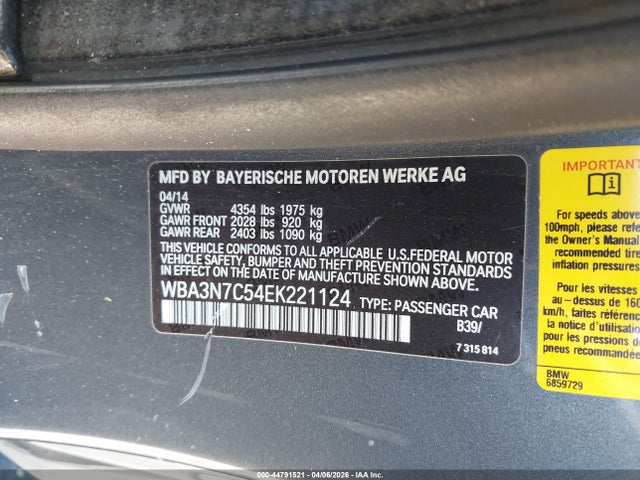 44791521 :رقم المزاد ، WBA3N7C54EK221124 vin ، 2014 Bmw 428i مزاد بيع