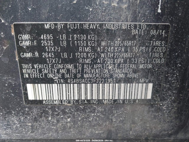44791538 :رقم المزاد ، 4S4BSACC3F3221951 vin ، 2015 Subaru Outback 2.5i Premium مزاد بيع