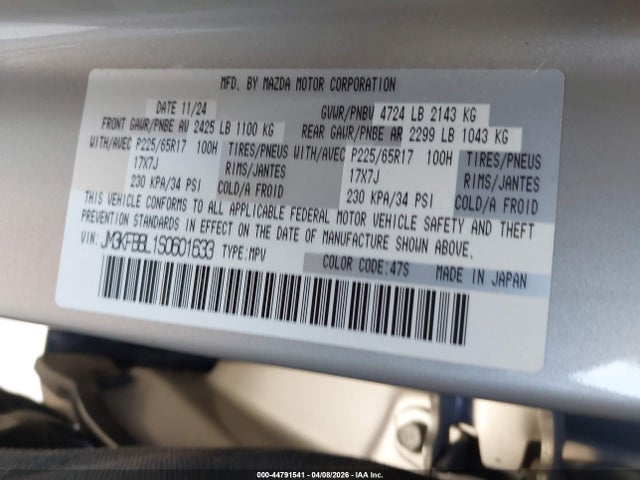 Aukcja sprzedaży 2025 Mazda Cx-5 2.5 S Select, vin: JM3KFBBL1S0601633, numer aukcji: 44791541
