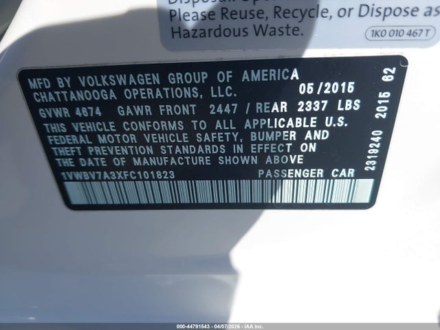 1VWBV7A3XFC101823 Volkswagen Passat 2.0l Tdi Se