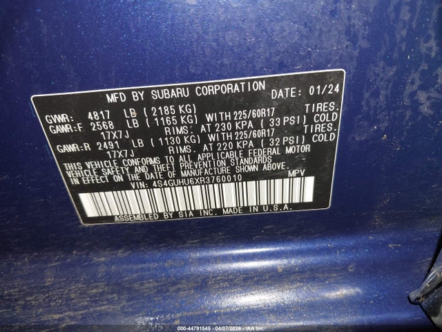 Aukcja sprzedaży 2024 Subaru Crosstrek Wilderness, vin: 4S4GUHU6XR3760010, numer aukcji: 44791545