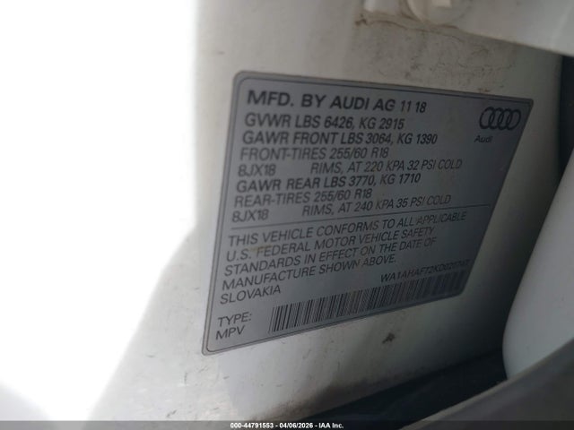 44791553 :رقم المزاد ، WA1AHAF72KD020747 vin ، 2019 Audi Q7 45 Premium/45 Se Premium مزاد بيع