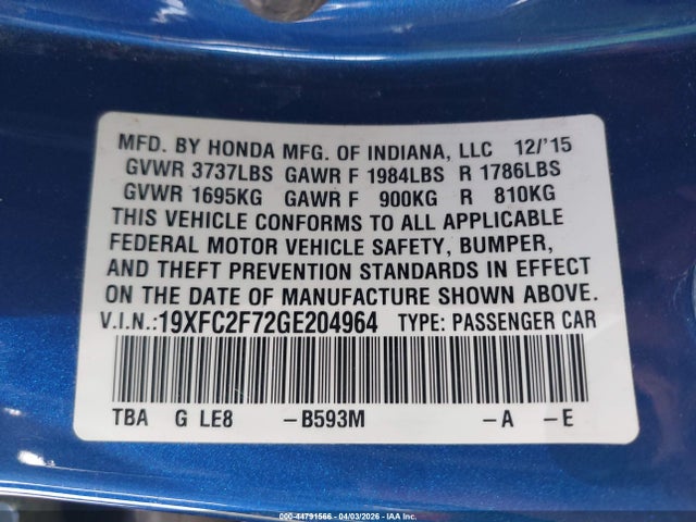 Honda CIVIC EX 2016 19XFC2F72GE204964 Image 9