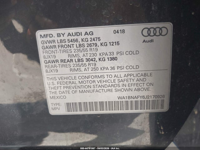 WA1BNAFY6J2170926 Audi Q5 2.0t Premium/2.0t Tech Premium