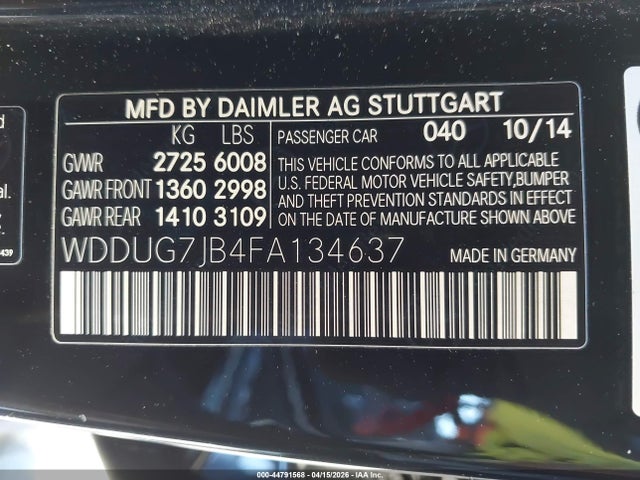 Aukcja sprzedaży 2015 Mercedes-benz S 63 Amg 4matic, vin: WDDUG7JB4FA134637, numer aukcji: 44791568