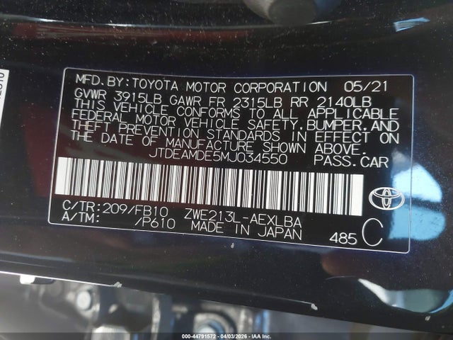 2021 Toyota Corolla Hybrid Le მანქანა იყიდება აუქციონზე, vin: JTDEAMDE5MJ034550, აუქციონის ნომერი: 44791572