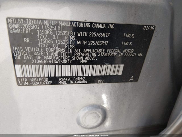 2T3WFREV4GW250817 Toyota Rav4 Xle