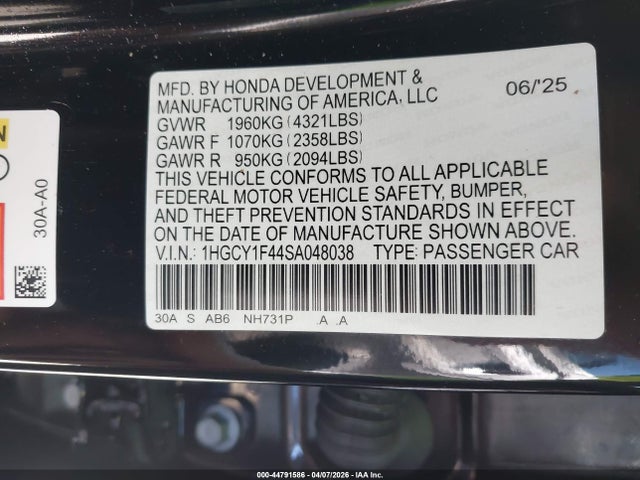 Aukcja sprzedaży 2025 Honda Accord Se, vin: 1HGCY1F44SA048038, numer aukcji: 44791586