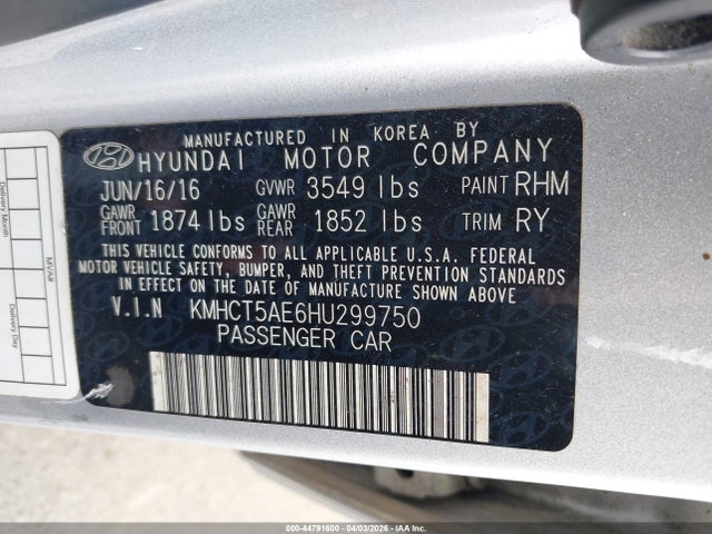 KMHCT5AE6HU299750 Hyundai ACCENT SE