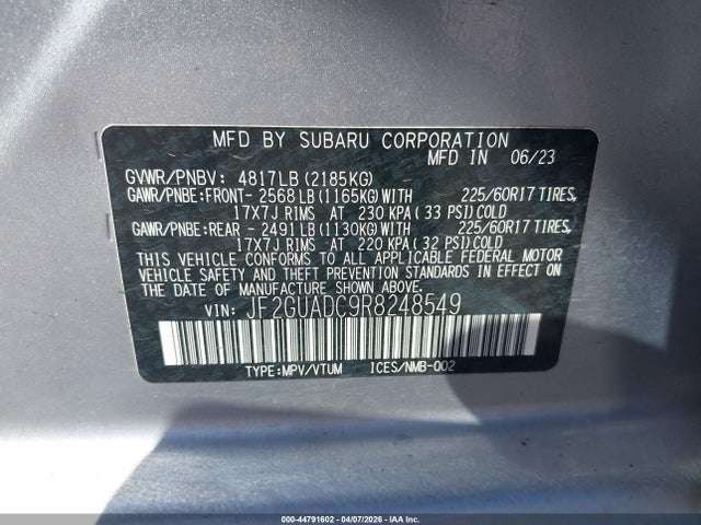 Aukcja sprzedaży 2024 Subaru Crosstrek Premium, vin: JF2GUADC9R8248549, numer aukcji: 44791602