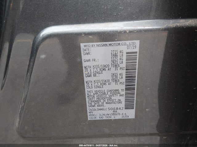 44791611 :رقم المزاد ، 5N1DL0MM6LC506842 vin ، 2020 Infiniti Qx60 Luxe Awd مزاد بيع