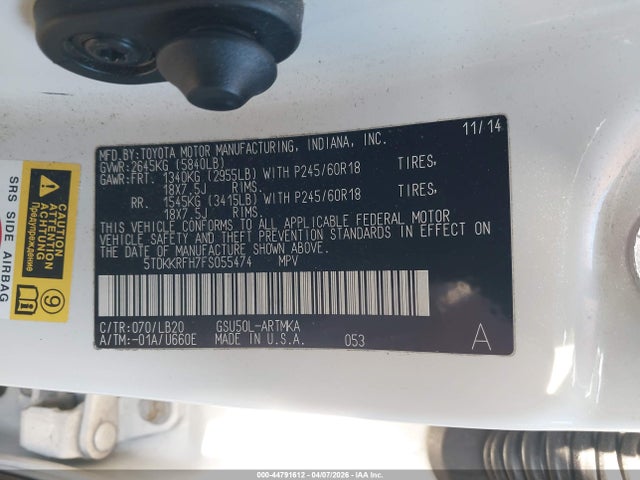 Aukcja sprzedaży 2015 Toyota Highlander Xle V6, vin: 5TDKKRFH7FS055474, numer aukcji: 44791612