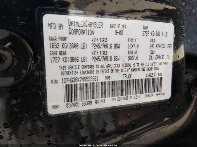 2004 Dodge Dakota Sport/sxt მანქანა იყიდება აუქციონზე, vin: 1D7HG38K74S522601, აუქციონის ნომერი: 44791618