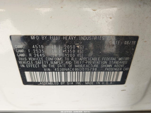 44791620 :رقم المزاد ، 4S3BNAC69H3015798 vin ، 2017 Subaru Legacy 2.5i Premium مزاد بيع