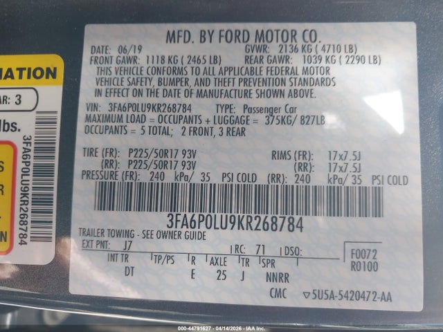 Aukcja sprzedaży 2019 Ford Fusion Hybrid Se, vin: 3FA6P0LU9KR268784, numer aukcji: 44791627