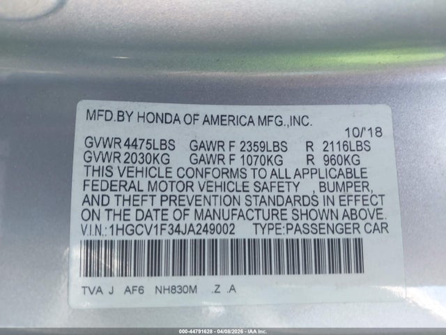2018 HONDA ACCORD 1HGCV1F34JA249002 Photo 8