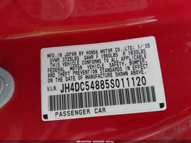 44791629 :رقم المزاد ، JH4DC54885S011120 vin ، 2005 Acura Rsx مزاد بيع