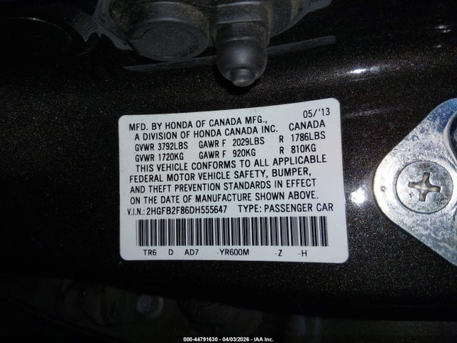 44791630 :رقم المزاد ، 2HGFB2F86DH555647 vin ، 2013 Honda Civic Ex مزاد بيع