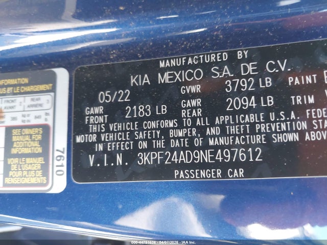 2022 Kia Forte Lxs მანქანა იყიდება აუქციონზე, vin: 3KPF24AD9NE497612, აუქციონის ნომერი: 44791636