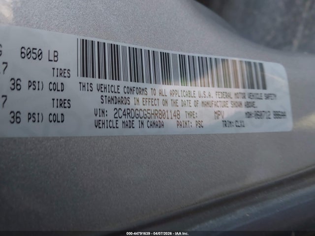 Продажа на аукционе авто 2017 Dodge Grand Caravan Sxt, vin: 2C4RDGCG5HR801148, номер лота: 44791639
