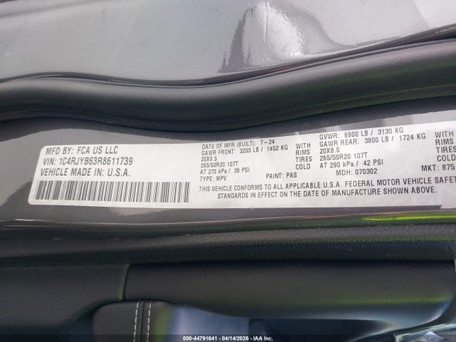44791641 :رقم المزاد ، 1C4RJYB63R8611739 vin ، 2024 Jeep Grand Cherokee 4xe Anniversary Edition مزاد بيع