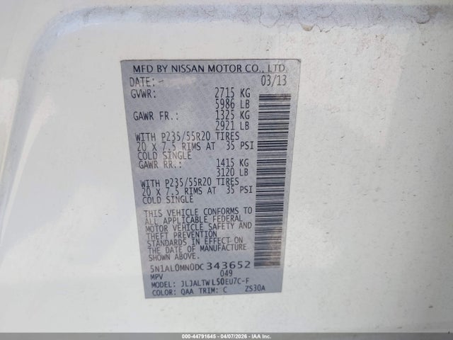44791645 :رقم المزاد ، 5N1AL0MN0DC343652 vin ، 2013 Infiniti Jx35 مزاد بيع