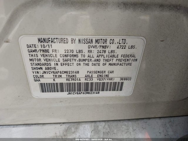 Продажа на аукционе авто 2012 Infiniti G37 Journey, vin: JN1CV6AP4CM623148, номер лота: 44791651