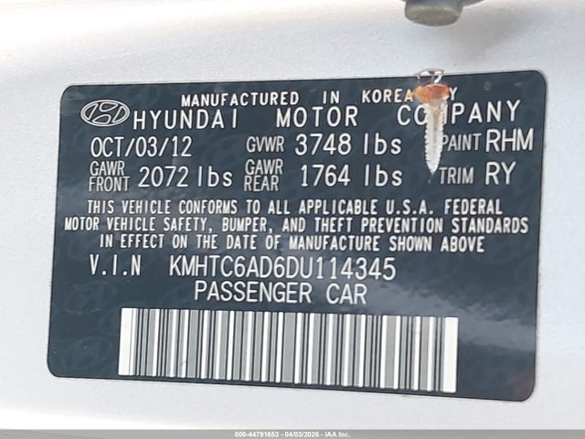 Aukcja sprzedaży 2013 Hyundai Veloster Base W/black, vin: KMHTC6AD6DU114345, numer aukcji: 44791653