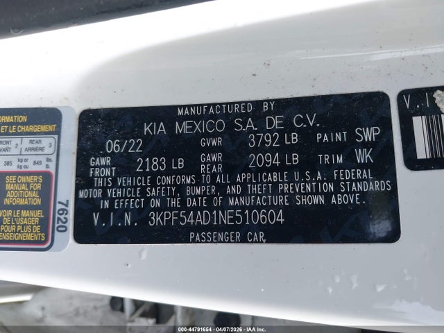 Aukcja sprzedaży 2022 Kia Forte Gt-line, vin: 3KPF54AD1NE510604, numer aukcji: 44791654