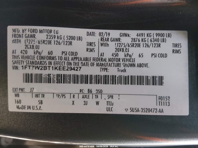 Ford F-250 Lariat 2019 1FT7W2BT1KEE29427 Image 9