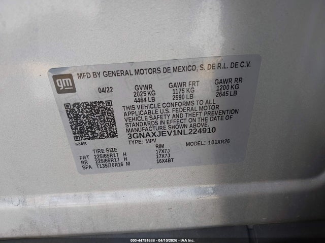 3GNAXJEV1NL224910 Chevrolet Equinox Fwd 2fl