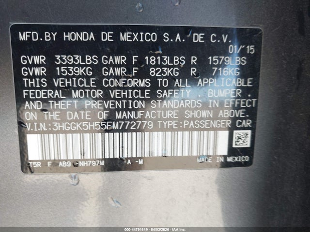 3HGGK5H55FM772779 Honda FIT LX