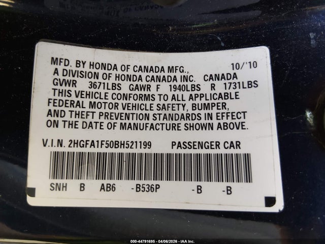 Продаж на аукціоні авто 2011 Honda Civic Lx, vin: 2HGFA1F50BH521199, номер лоту: 44791695