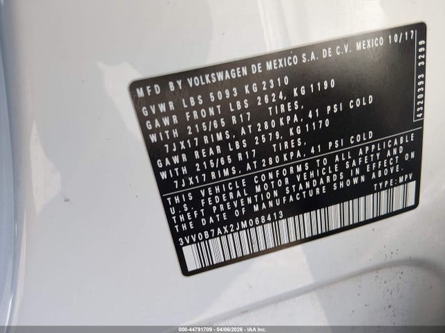 Продаж на аукціоні авто 2018 Volkswagen Tiguan 2.0t S, vin: 3VV0B7AX2JM068413, номер лоту: 44791709