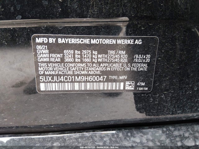 2021 Bmw X5 M50i მანქანა იყიდება აუქციონზე, vin: 5UXJU4C01M9H60047, აუქციონის ნომერი: 44791723