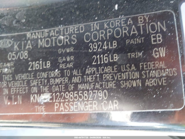 44791725 :رقم المزاد ، KNAFE122985582790 vin ، 2008 Kia Spectra Ex مزاد بيع
