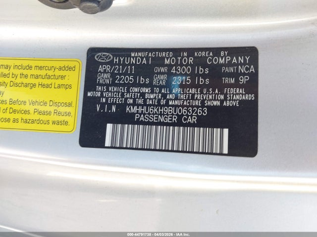 Продажа на аукционе авто 2011 Hyundai Genesis 3.8 Grand Touring, vin: KMHHU6KH9BU063263, номер лота: 44791738