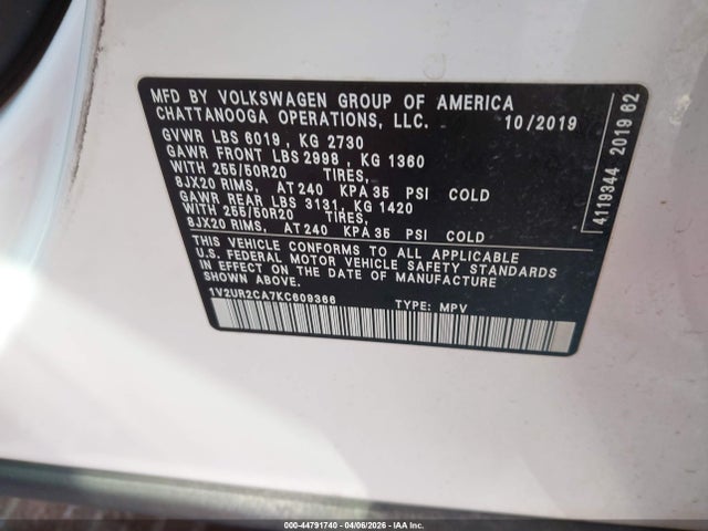1V2UR2CA7KC609366 Volkswagen Atlas 3.6l V6 Se W/technology