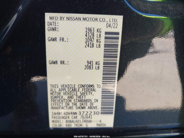 2022 Nissan Altima Sv Fwd მანქანა იყიდება აუქციონზე, vin: 1N4BL4DV4NN372230, აუქციონის ნომერი: 44791751