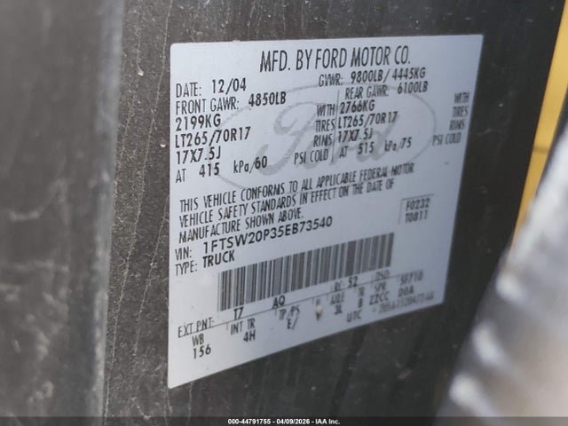 44791755 :رقم المزاد ، 1FTSW20P35EB73540 vin ، 2005 Ford F-250 Lariat/xl/xlt مزاد بيع