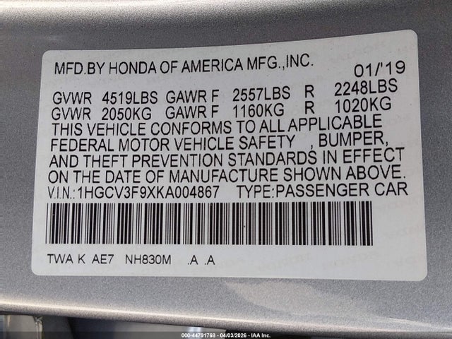 1HGCV3F9XKA004867 Honda Accord Hybrid Touring