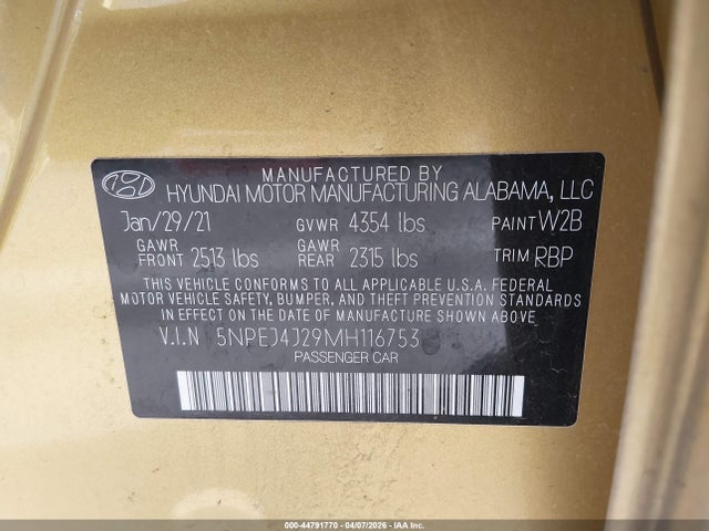5NPEJ4J29MH116753 Hyundai Sonata Sel Plus