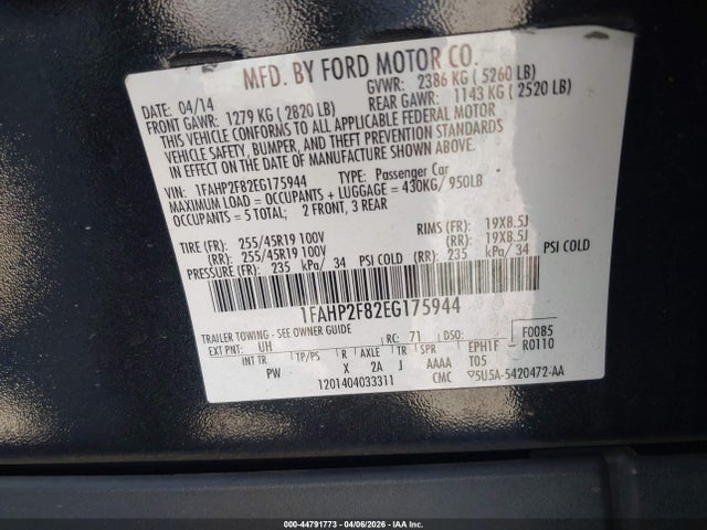 Ford Taurus Limited 2014 1FAHP2F82EG175944 Image 9