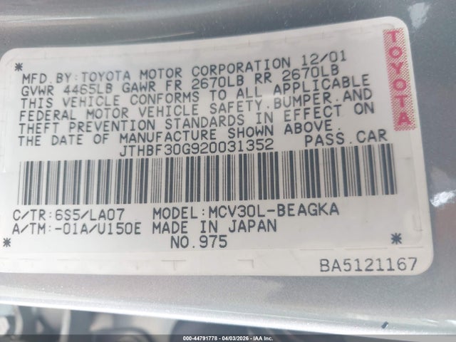 Aukcja sprzedaży 2002 Lexus Es 300, vin: JTHBF30G920031352, numer aukcji: 44791778