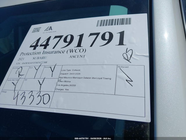2021 Subaru Ascent Premium მანქანა იყიდება აუქციონზე, vin: 4S4WMAFD3M3422388, აუქციონის ნომერი: 44791791