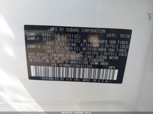 2021 Subaru Ascent Premium მანქანა იყიდება აუქციონზე, vin: 4S4WMAFD3M3422388, აუქციონის ნომერი: 44791791